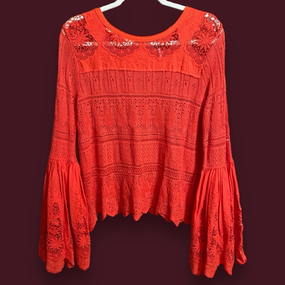 Free People Once Upon A Time Boho Knit Crochet Bell Sleeve Top - Picture 2 of 5